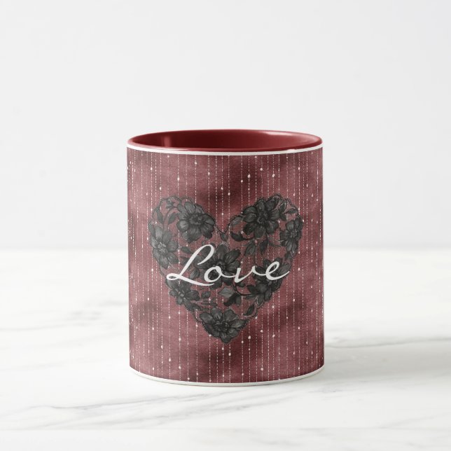 Burgundy Red Stripes Black Faux Lace Floral Heart Mug (Center)