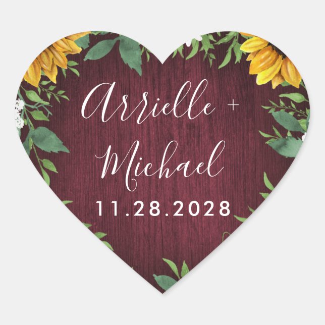 Burgundy Red Sunflower Greenery Wedding Favours Heart Sticker (Front)