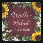 Burgundy Red Sunflower Greenery Wedding Favours Square Sticker<br><div class="desc">Template design features a burgundy red barn wood background decorated with a watercolor wreath of daisies,  sunflowers,  greenery,  eucalyptus,  baby's breath,  and lily of the valley. View the collection on this page to find coordinating items.</div>