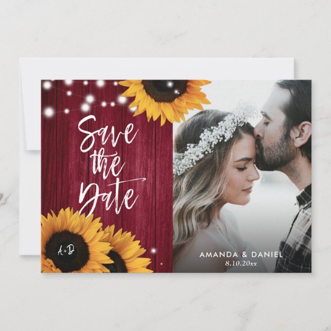 Burgundy Red Sunflower Save The Date Photo Cards (Front)