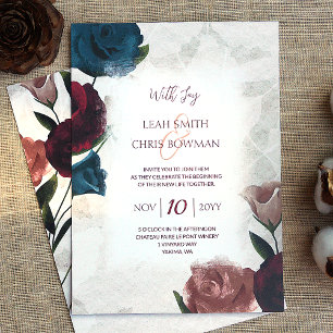 Burgundy, Red, Teal, Beige Roses Wedding  Invitation