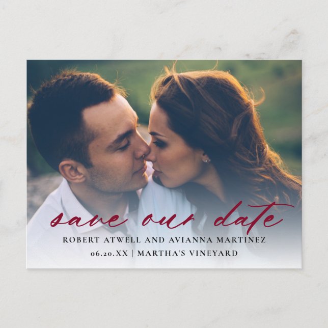  Burgundy Red Text Photo Wedding Save the Date Announcement Postcard (Front)