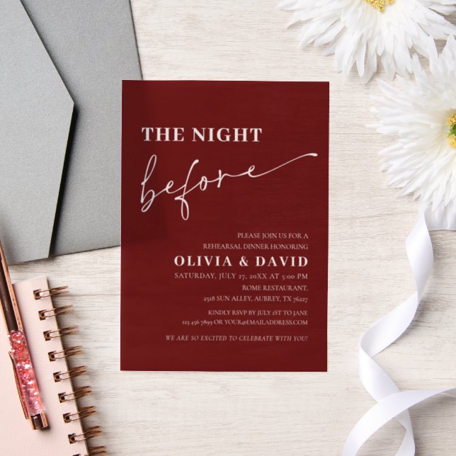 Burgundy Red The Night Before Rehearsal Dinner Vellum Invitations (Wedding)
