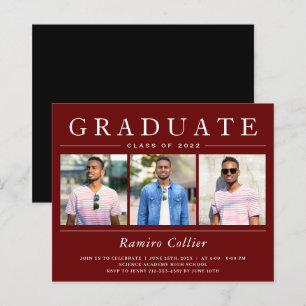 Burgundy Red Three Photo Graduation Invitation