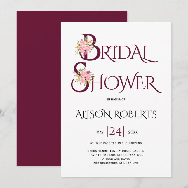 Burgundy red typography, pink roses bridal shower invitation (Front/Back)