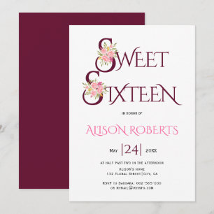Burgundy red typography, pink roses sweet sixteen invitation