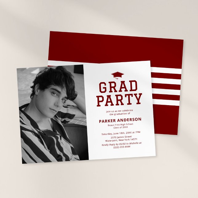 Burgundy Red Varsity Photo Graduation Party Invitation (Creator Uploaded)