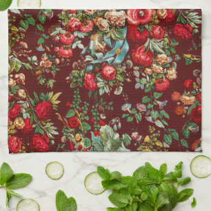 Burgundy Red Vintage Floral Chintz Cottage Garden Tea Towel