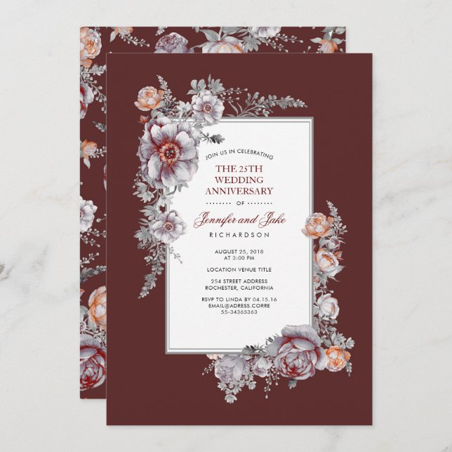 Burgundy Red Vintage Floral Wedding Anniversary Invitation (Front/Back)