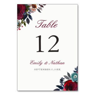 Burgundy Red Watercolor Floral Table Number Cards