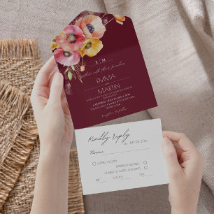  Burgundy & Red Watercolor Floral Wedding All In One Invitation