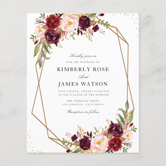 Burgundy red watercolor floral wedding invitation (Front)