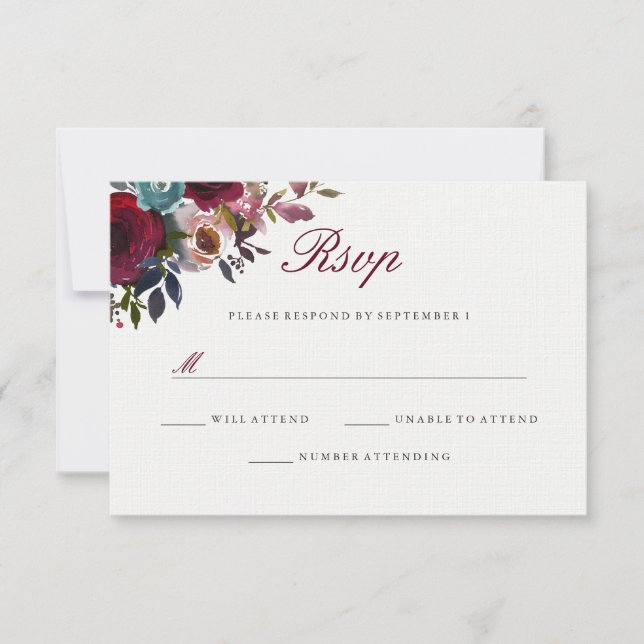 Burgundy Red Watercolor Floral Wedding RSVP Card (Front)