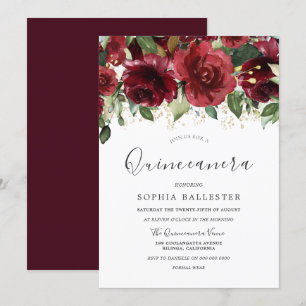 Burgundy Red Watercolor Flowers Quinceanera Party Invitation