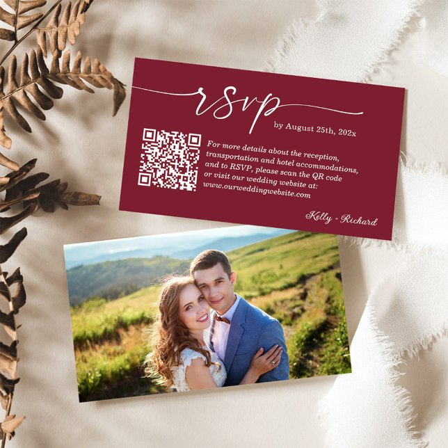 Burgundy Red Wedding RSVP Website QR Code Photo Enclosure Card (Creator Uploaded)