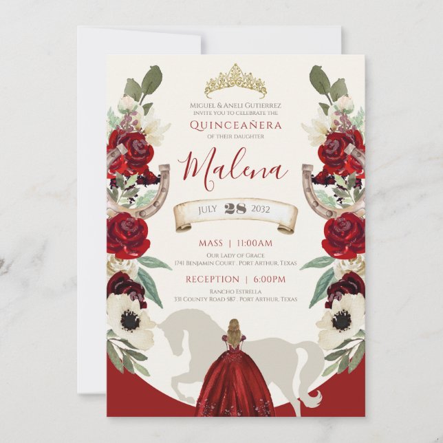 Burgundy Red Western Watercolor Charro Quinceañera Invitation (Front)