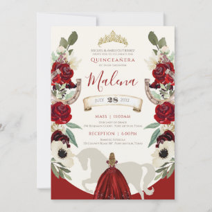 Burgundy Red Western Watercolor Charro Quinceañera Invitation