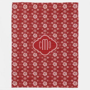 Burgundy Red & White Abstract Christmas Snowflakes Fleece Blanket