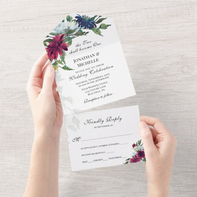 Burgundy Red White Blue Floral Christian Wedding All In One Invitation (Tearaway)