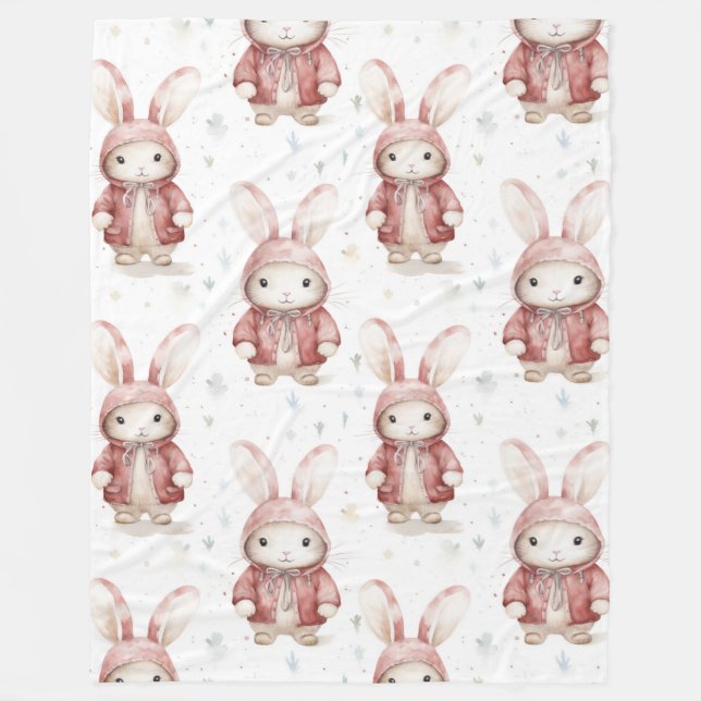 Burgundy Red White Bunnies Fleece Blanket (Front)
