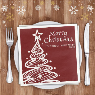 Burgundy Red White Christmas Tree Christmas Party Napkin