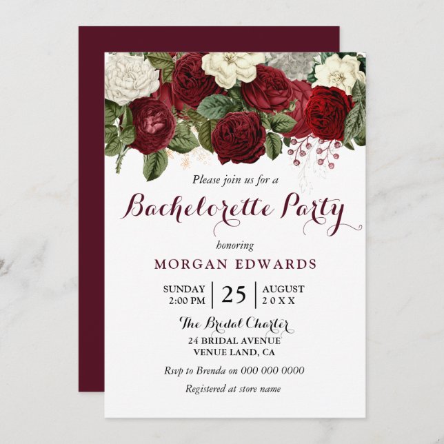 Burgundy Red White Floral Bachelorette Party Invitation (Front/Back)