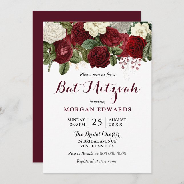 Burgundy Red White Floral Bat Mitzvah Invitation (Front/Back)