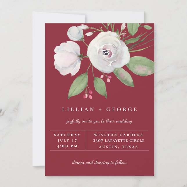 Burgundy Red White Floral Bouquet Wedding Announcement (Front)