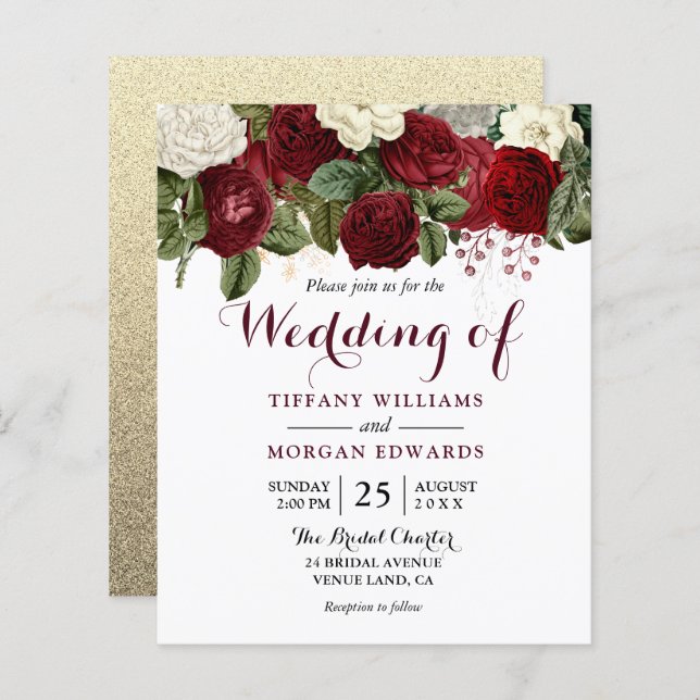 Burgundy Red & White Floral Budget Wedding Invite (Front/Back)