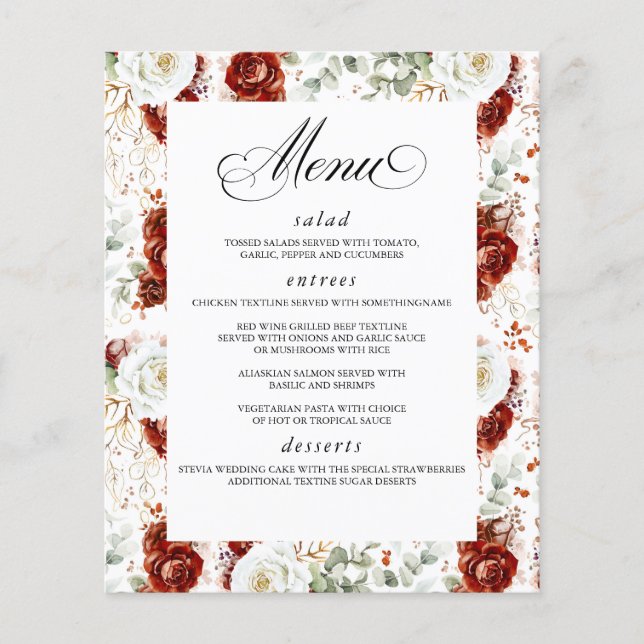 Burgundy Red White Floral Elegant Wedding Menu (Front)