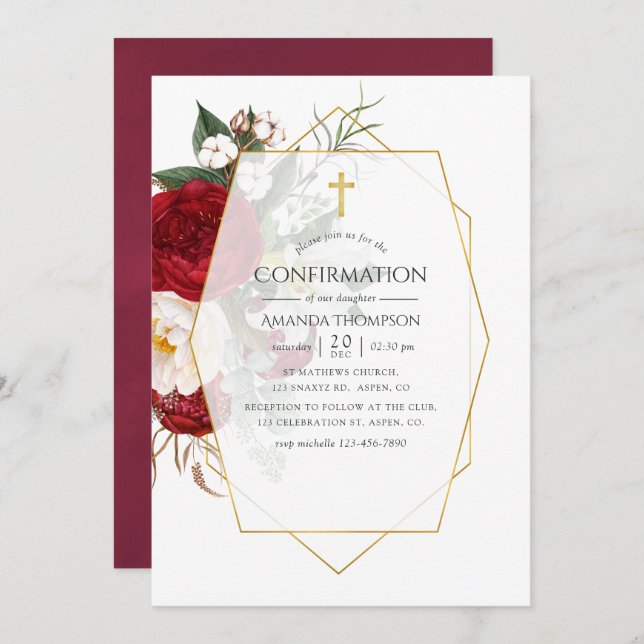 Burgundy Red & White Floral Geometric Confirmation Invitation (Front/Back)