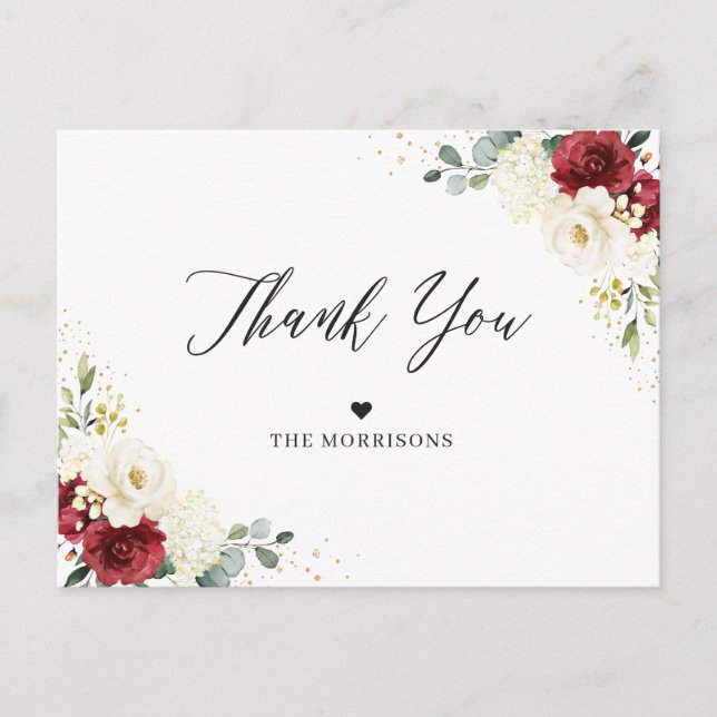 Burgundy Red White Floral Gold Confetti Thank You Postcard (Front)