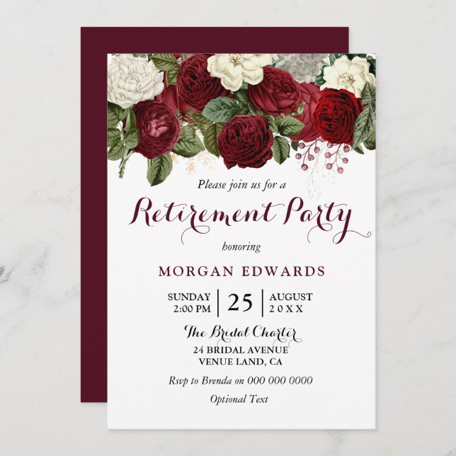 Burgundy Red White Floral Retirement Party Invite (Front/Back)