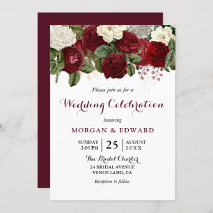 Burgundy Red White Floral Wedding Celebration Invitation