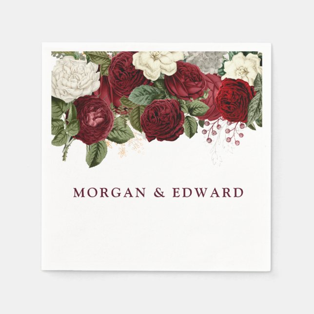 Burgundy Red White Floral Wedding Engagement Napkin (Front)