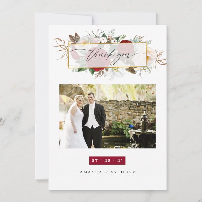 Burgundy Red & White Floral Wedding Photo Collage Thank You Card (Front)