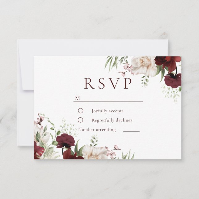 Burgundy Red & White Flowers Elegant Wedding RSVP Card (Front)