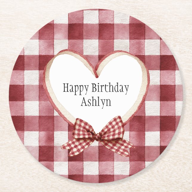 Burgundy Red White Heart Ribbon Birthday Round Paper Coaster (Front)