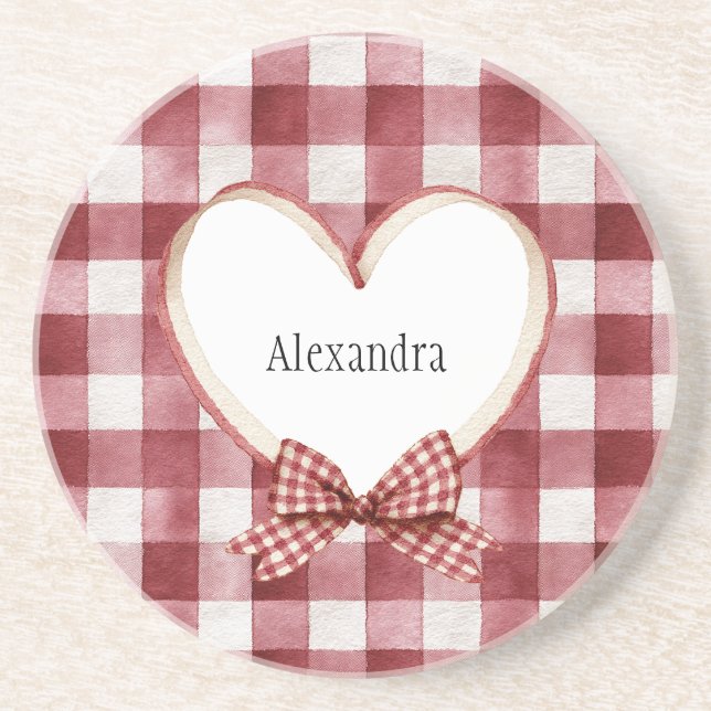 Burgundy Red White Heart Ribbon Valentine's Day Coaster (Front)