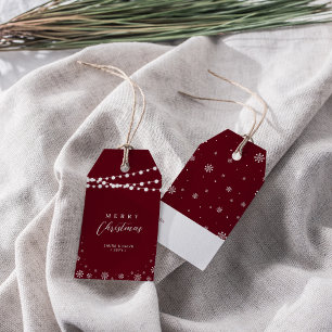 Burgundy Red White Lights & Snow Merry Christmas Gift Tags