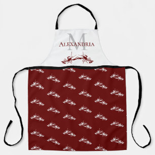 Burgundy Red White Monogram Name Lobster Pattern Apron
