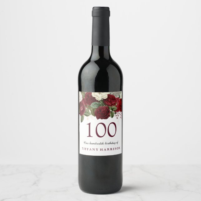 Burgundy Red White Rose 100th Birthday Party Wine Label (Front)