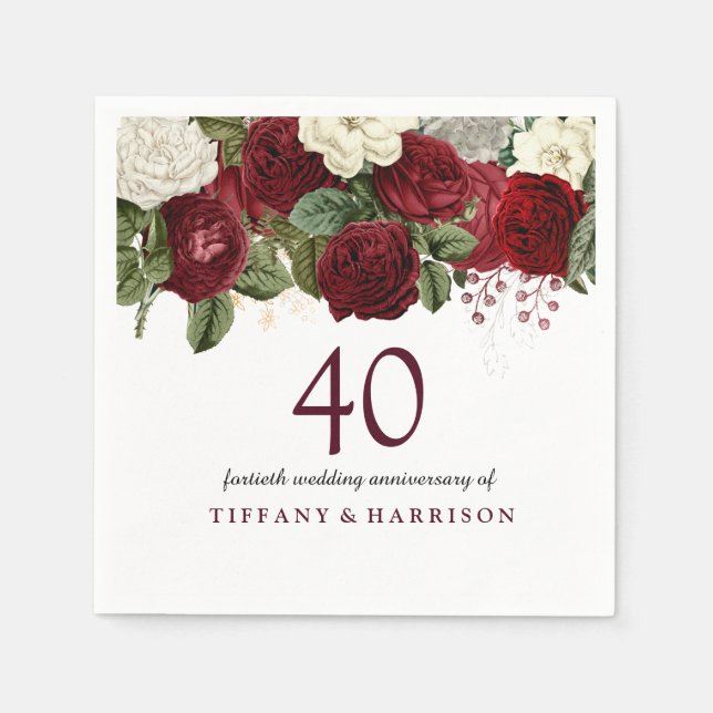 Burgundy Red White Rose 40th Wedding Anniversary Napkin (Front)