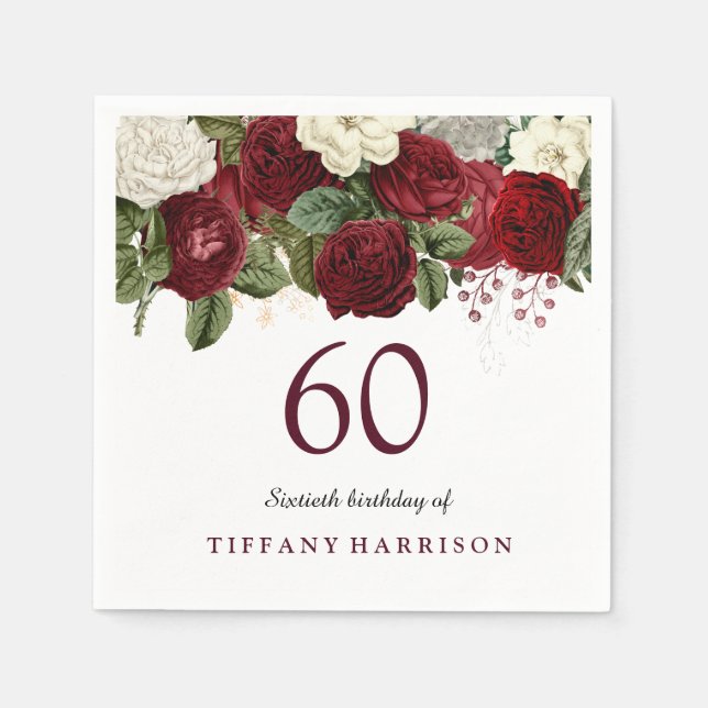 Burgundy Red White Rose 60th Birthday Party Napkin (Front)