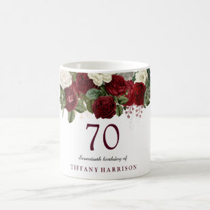 Burgundy Red White Rose 70th Birthday Favour Gift Coffee Mug
