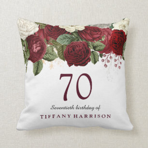 Burgundy Red White Rose 70th Birthday Gift Cushion