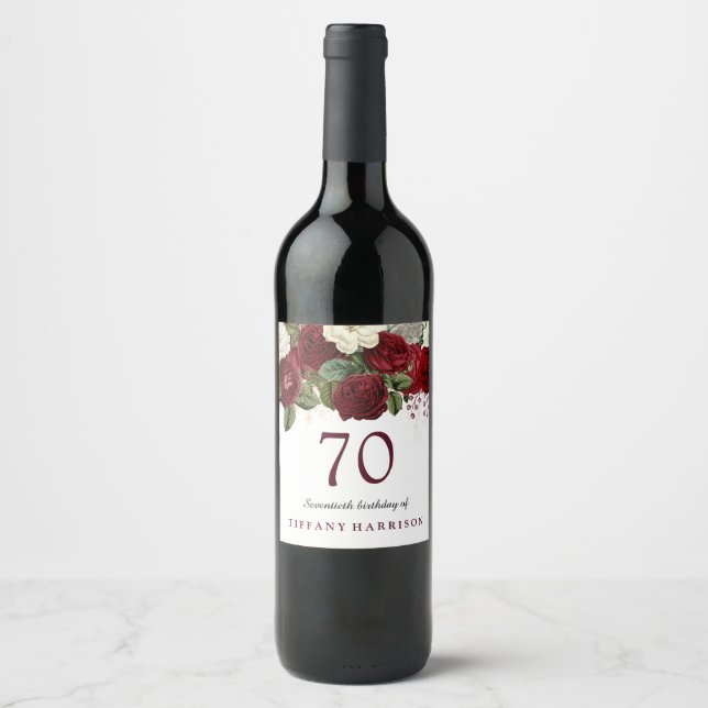 Burgundy Red White Rose 70th Birthday Party Wine Label (Front)