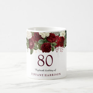 Burgundy Red White Rose 80th Birthday Favour Gift Coffee Mug
