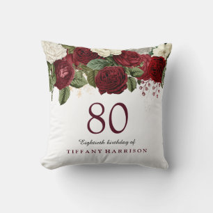 Burgundy Red White Rose 80th Birthday Gift Cushion