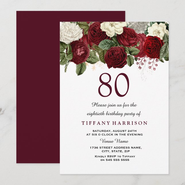 Burgundy Red White Rose 80th Birthday Party Invite (Front/Back)